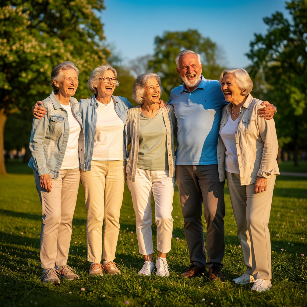 Group of smiling active Slovak seniors enjoying time together outdoors