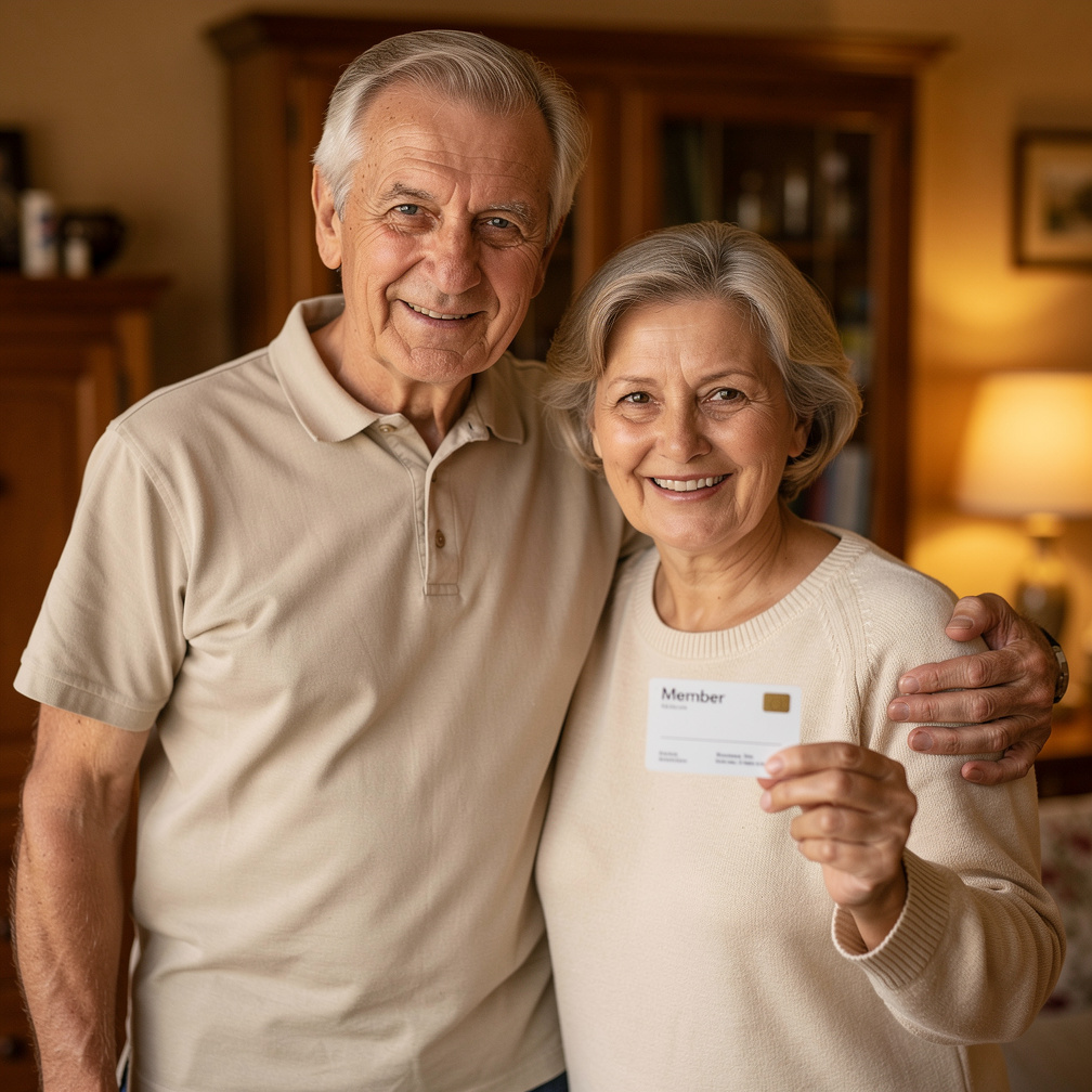 Smiling Slovak senior couple holding a membership card