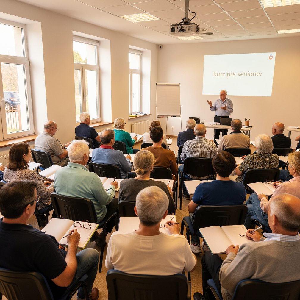 Slovak seniors attending an educational lecture in a classroom